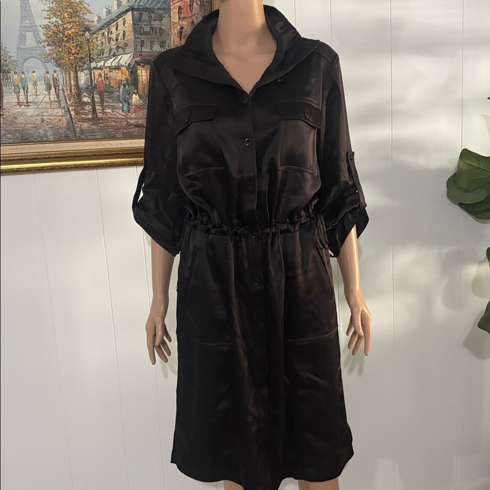 St. John Black Satin‎ Button Down 3/4 sleeves Midi Dress Size 10 - Picture 8 of 16